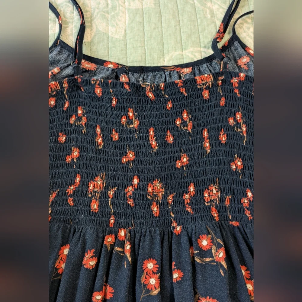 Faded Rose Floral Navy and Orange Ruffle Dress. Junior's Size L. - Picture 3 of 9